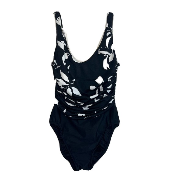 Miraclesuit Size 10 Black Floral tummy control Ruched swim one piece Beach J13 - Picture 1 of 8
